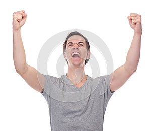 Close up portrait of a young man celebrating with open arms