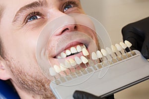 Close up portrait of Young man in dentist chair, Check and select the color of the teeth. Dentist makes the process of treatment i