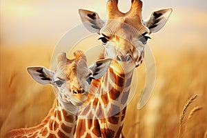 Close-up portraits of a graceful giraffe and her adorable baby