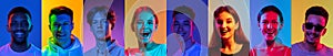 Close-up portraits of group of smiling, happy people, young men and women on multicolored background in neon light