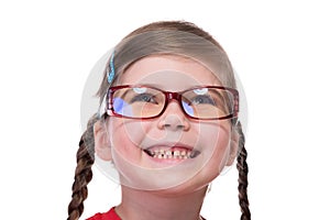 Close up portret of little girl wearing glasses photo