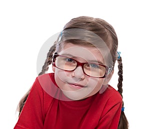 Close up portret of little girl wearing glasses