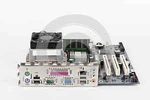 Close up of ports of computer motherboard, isolated on white background