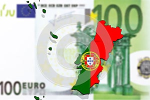 Close up on Portugal map on Euro money backgound