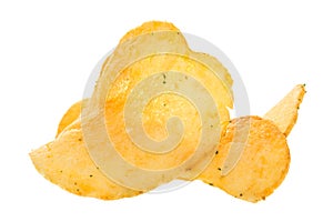 Close up potato chips isolated on white background.