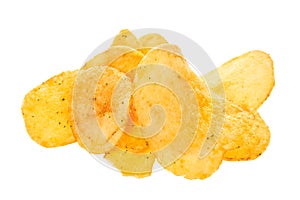 Close up potato chips isolated on white background.