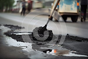 close-up of pothole being filled with asphalt mixture