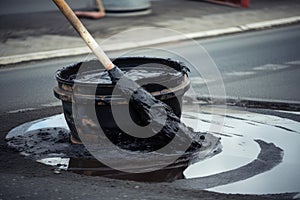 close-up of pothole being filled with asphalt mixture