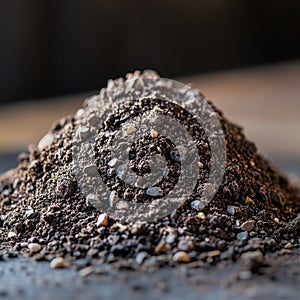 Close-up of potting soil with visible compost and tiny pebbles