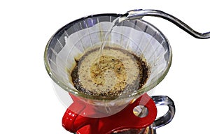 Close up of Pour-over coffee or hand drip or manual drip coffee isolated on white background.