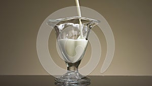 Close up of pouring milk or yogurt into the transparent glass isolated on beige wall background. Stock footage. Concept