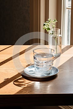 Close up pouring purified fresh drink water from the bottle on table in living room