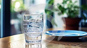 Close up pouring purified fresh drink water from the bottle on table in living room