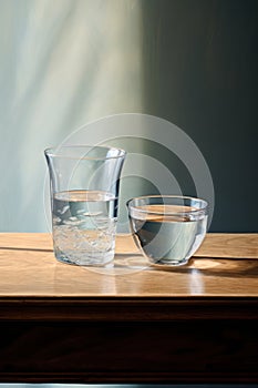 Close up pouring purified fresh drink water from the bottle on table in living room