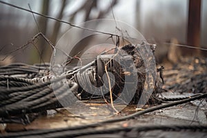 close-up of power line breakage showing the damage to the wires