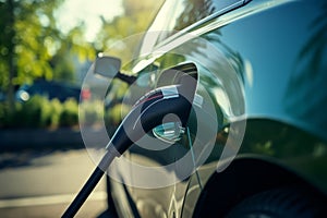 Close-up of power supply plugged into an electric car being charged. Electric vehicle charging in a parking lot with EV