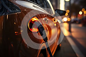 Close-up of power supply plugged into an electric car being charged. Electric vehicle charging in a parking lot with EV