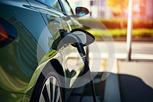 Close-up of power supply plugged into an electric car being charged. Electric vehicle charging in a parking lot with EV