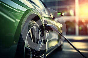 Close-up of power supply plugged into an electric car being charged. Electric vehicle charging in a parking lot with EV