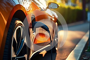 Close-up of power supply plugged into an electric car being charged. Electric vehicle charging in a parking lot with EV