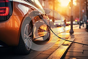 Close-up of power supply plugged into an electric car being charged. Electric vehicle charging in a parking lot with EV