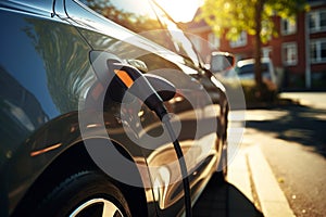 Close-up of power supply plugged into an electric car being charged. Electric vehicle charging in a parking lot with EV