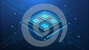 Close Up of a Powerful Computer Processor Chip with Glowing Blue Circuits microchip