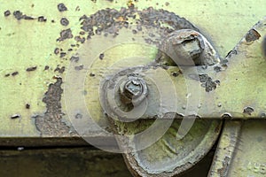 Close-up of a powerful fastening element on a railway carriage