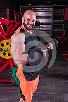 Close up of powerful muscular man doing biceps exercise with barbell at the gym