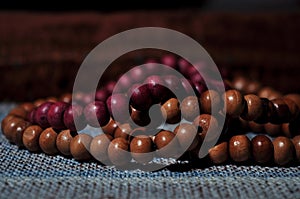 Close up prayer beads  on prayer rug