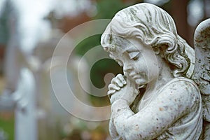 Close up of praying angel child statue at cemetery with copy space