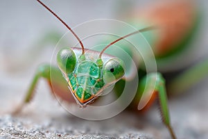 A close up of a praying mantisch on a rock