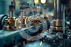 Close-Up of Precision Engine Parts on Automated Manufacturing Line in Industrial Engineering Facility