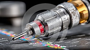 Close-up of a precision fiber optic cable connector