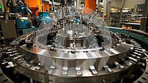 Close-up of a precision industrial machine part in a manufacturing facility