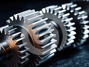 Close-up of precision metal gears for mechanical technology