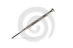 Closeup precision screwdriver watchmaking electronics white background