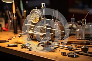 close-up of precision tools on gunsmith workbench photo