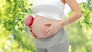 Close up of pregnant woman over natural background