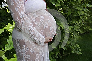 Close up of pregnant woman`s belly in white lace peignoir on green background