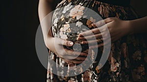 Close up of pregnant woman touching her belly. Lovely young woman expecting a baby. Pregnant woman hugging her tummy. Generative