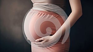Close up of pregnant woman touching her belly. Lovely young woman expecting a baby. Pregnant woman hugging her tummy. Generative