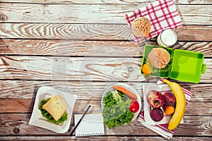 Close-up prepared by school lunches on the background