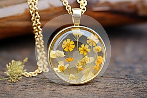 close-up of pressed flowers in a resin pendant