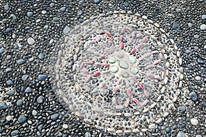 Close-up on pressure points pebble stones at foot reflexology pa