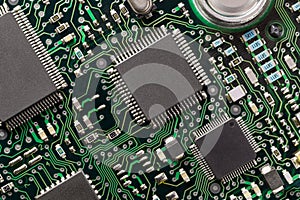 Close up of printed circuit board with electronic components top view