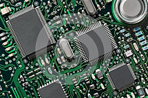 Close up of printed circuit board with electronic components top view