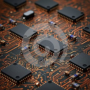Close-up of a printed circuit board featuring multiple integrated circuits with black
