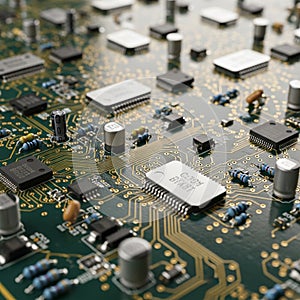 Close-up of a printed circuit board (PCB) with various electronic components like