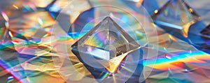 Close-up of a prism with light refraction - optical physics concept